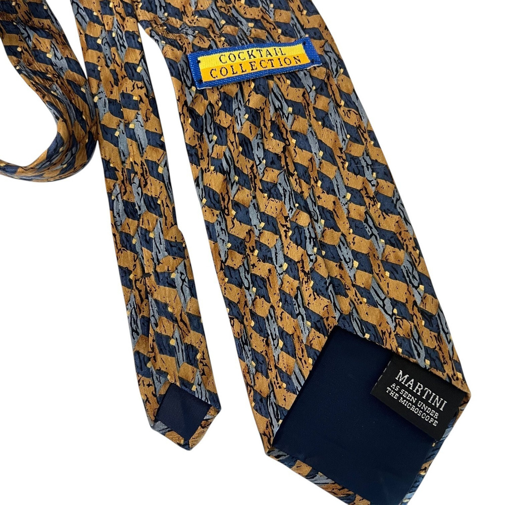 Vintage Cocktail Collection Novelty Label Mens Silk Tie 1990 Blue Gold Geometric - Picture 3 of 6